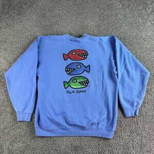VINTAGE Big Hed Designs Sweatshirt Mens M Blue Fish Palm Island Florida 90s